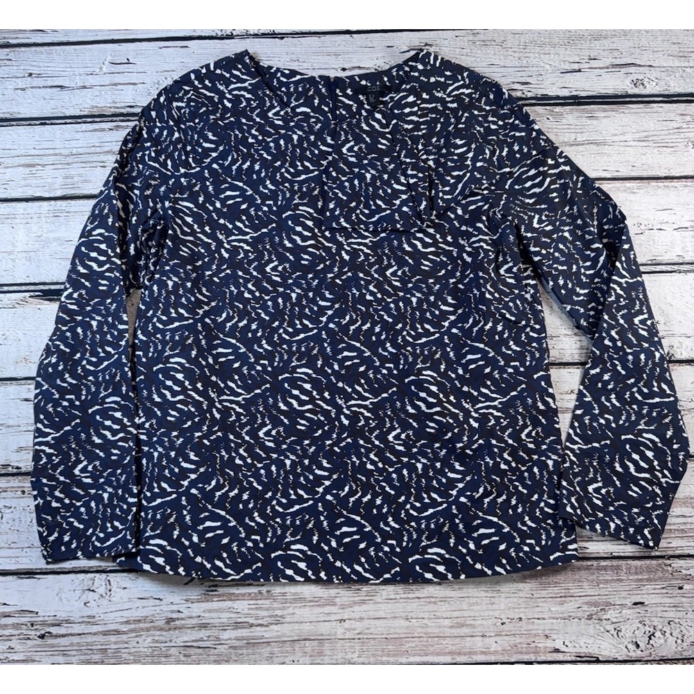 COS‎ Long Sleeve Blouse Top Black Blue Multi Print Size 10 Cotton Stretch
